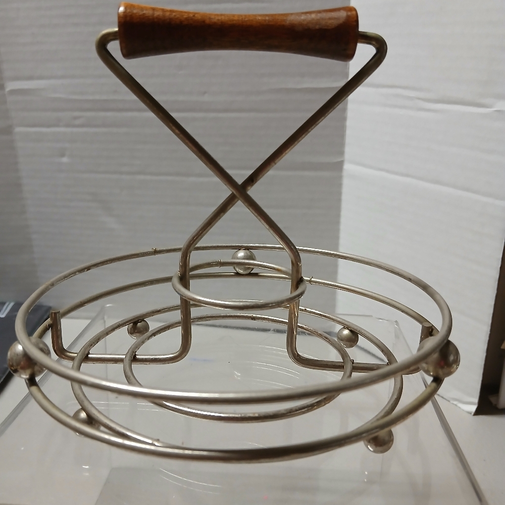 Vintage MCM Atomic Condiment Caddy Round Metal w/ Wood Handle Rack Holder Retro
